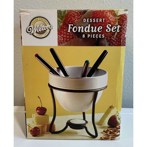 Vtg 2003 Wilton Dessert Fondue 8pcs Set 4 Forks Bowl Stand Candles Holder NOS - Picture 1 of 8